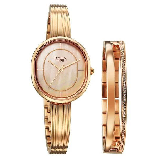 Titan Raga Rose Gold Oval Dial Metal Strap Analog Watch for Women
