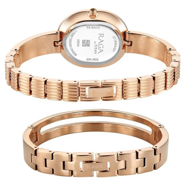 Titan Raga Rose Gold Oval Dial Metal Strap Analog Watch for Women