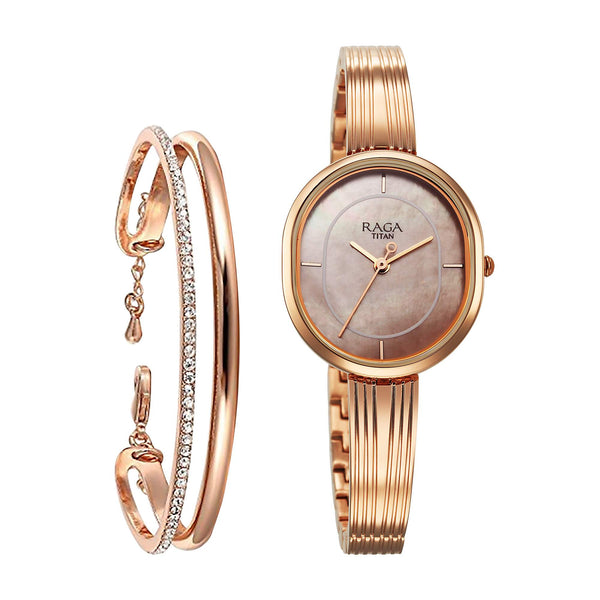 Titan Raga Rose Gold Oval Dial Metal Strap Analog Watch for Women