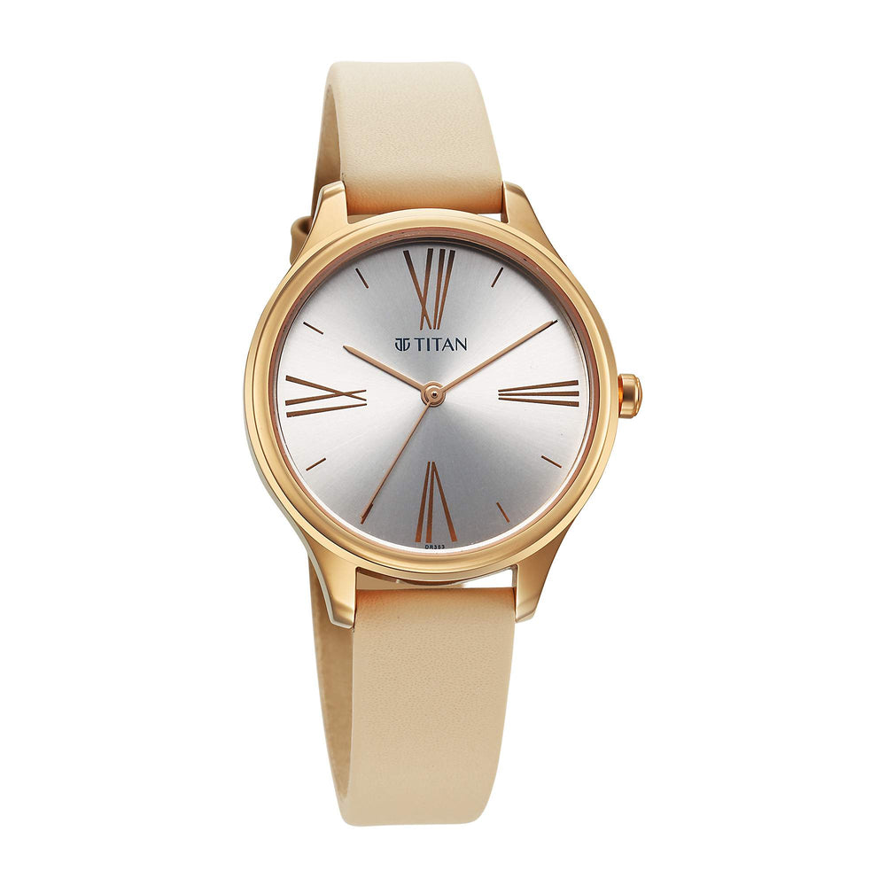 Titan Neo Quartz Analog Silver Dial Beige Leather Strap Watch For Women