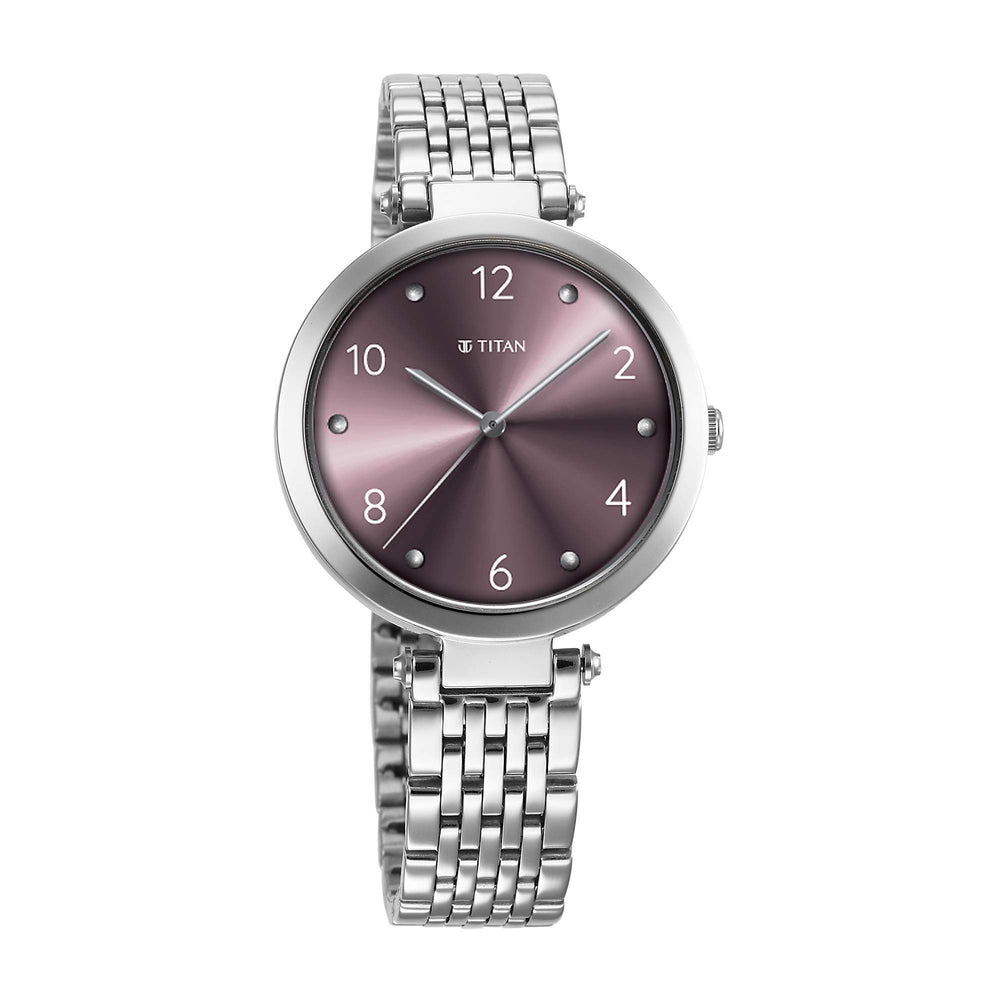 Titan Purple Dial Silver Metal Strap Analog Quartz Watch for Women