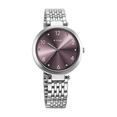Titan Purple Dial Silver Metal Strap Analog Quartz Watch for Women