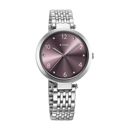 Titan Purple Dial Silver Metal Strap Analog Quartz Watch for Women