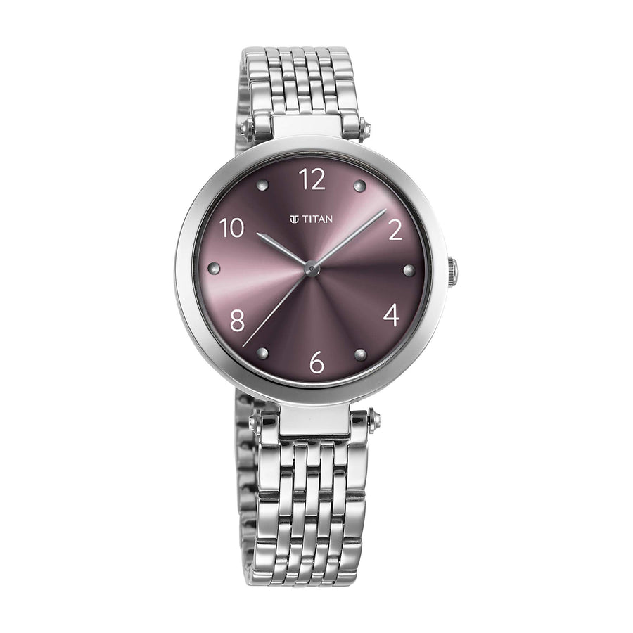 Titan Purple Dial Silver Metal Strap Analog Quartz Watch for Women