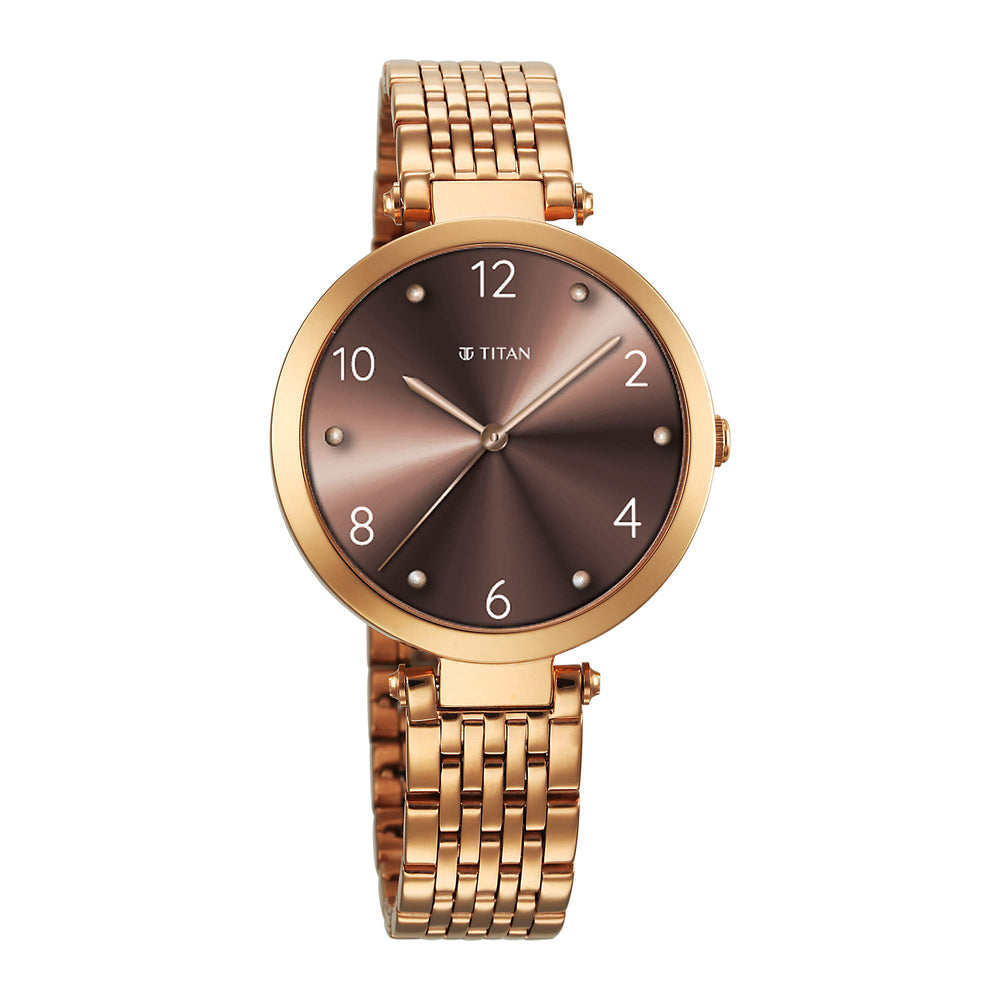 Titan Brown Dial Rose Gold Stainless Steel Strap Analog Quartz Watch for Women