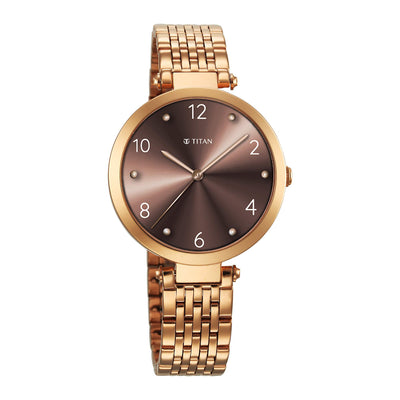Titan Brown Dial Rose Gold Stainless Steel Strap Analog Quartz Watch for Women
