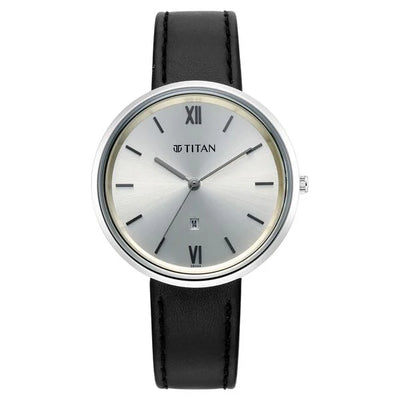 Titan Workwear Silver Dial Black Leather Strap Analog with Date Watch for Women