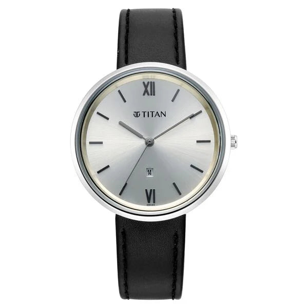 Titan Workwear Silver Dial Black Leather Strap Analog with Date Watch for Women