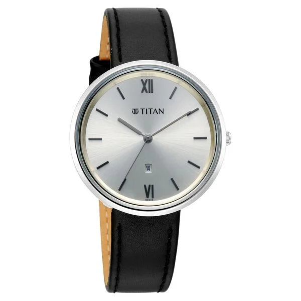 Titan Workwear Silver Dial Black Leather Strap Analog with Date Watch for Women