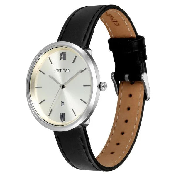 Titan Workwear Silver Dial Black Leather Strap Analog with Date Watch for Women