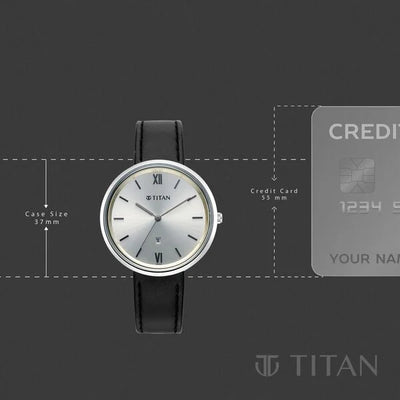 Titan Workwear Silver Dial Black Leather Strap Analog with Date Watch for Women