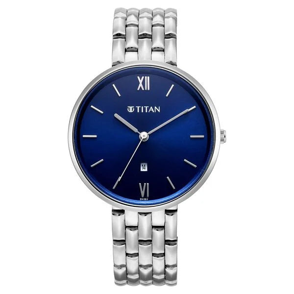 Titan Workwear Blue Dial Silver Metal Strap Analog with Date Watch for Women