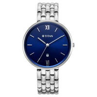 Titan Workwear Blue Dial Silver Metal Strap Analog with Date Watch for Women