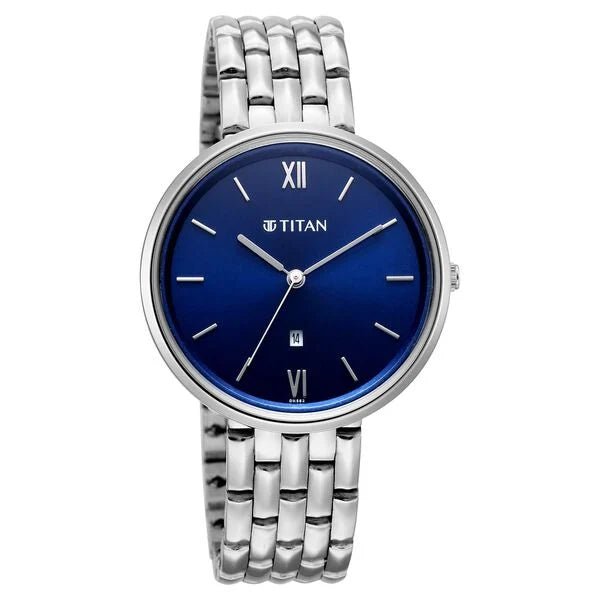 Titan Workwear Blue Dial Silver Metal Strap Analog with Date Watch for Women