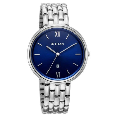 Titan Workwear Blue Dial Silver Metal Strap Analog with Date Watch for Women