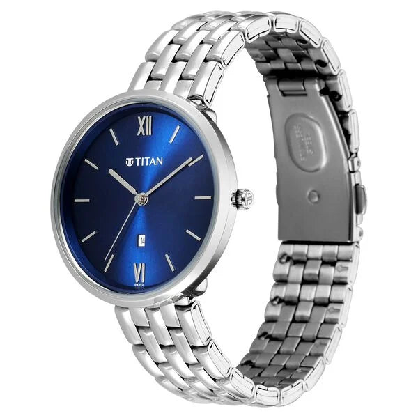 Titan Workwear Blue Dial Silver Metal Strap Analog with Date Watch for Women