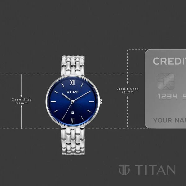 Titan Workwear Blue Dial Silver Metal Strap Analog with Date Watch for Women