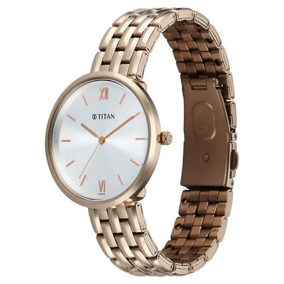 Titan Workwear Silver Dial Rose Gold Metal Strap Analog Watch For Women