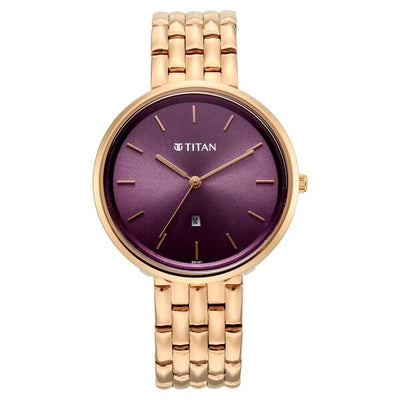 Titan Workwear Purple Dial Rose Gold Metal Strap Analog with Date Watch for Women