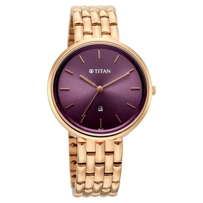 Titan Workwear Purple Dial Rose Gold Metal Strap Analog with Date Watch for Women