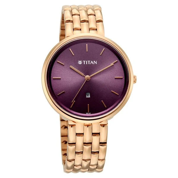 Titan Workwear Purple Dial Rose Gold Metal Strap Analog with Date Watch for Women