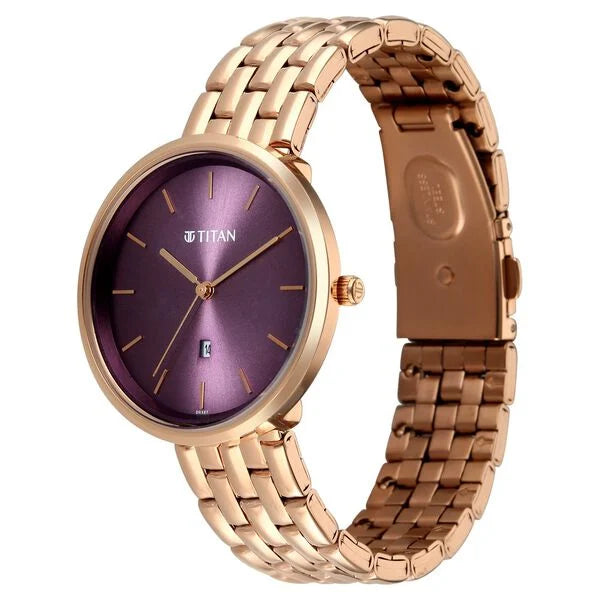 Titan Workwear Purple Dial Rose Gold Metal Strap Analog with Date Watch for Women