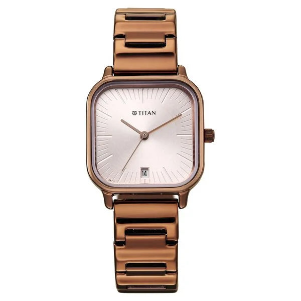 Titan Workwear Silver Square Dial Brown Metal Strap Analog Watch For Women