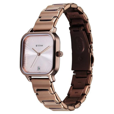 Titan Workwear Silver Square Dial Brown Metal Strap Analog Watch For Women