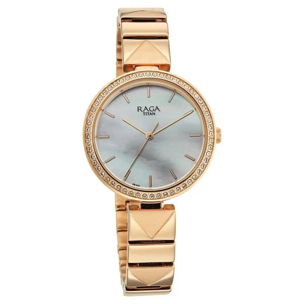 Titan Raga Mother of Pearl Dial Rose Gold Metal Strap Analog Watch For Women