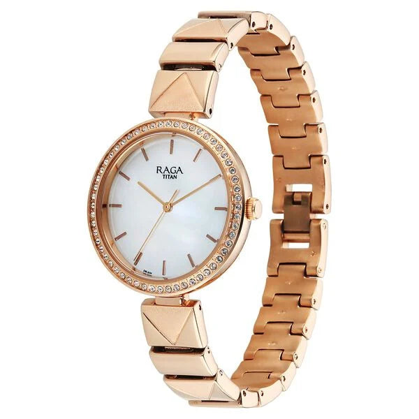 Titan Raga Mother of Pearl Dial Rose Gold Metal Strap Analog Watch For Women