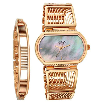 Titan Raga Mother of Pearl Shaped Dial Rose Gold Metal Strap Analog Watch for Women