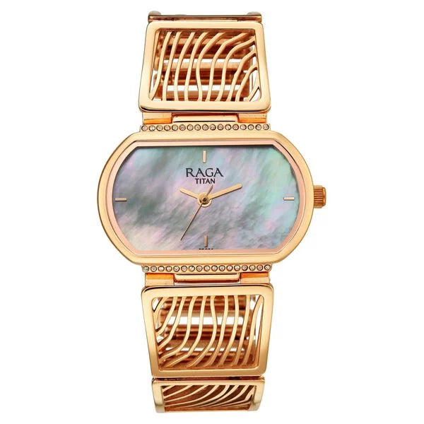 Titan Raga Mother of Pearl Shaped Dial Rose Gold Metal Strap Analog Watch for Women