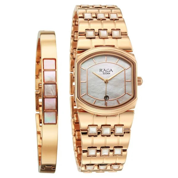 Titan Raga Mother Of Pearl Shaped Dial Rose Gold Metal Strap Analog with Date Watch for Women