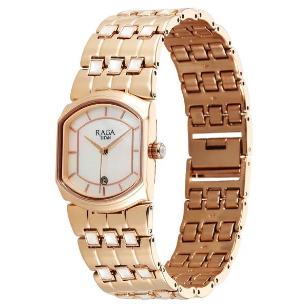 Titan Raga Mother Of Pearl Shaped Dial Rose Gold Metal Strap Analog with Date Watch for Women