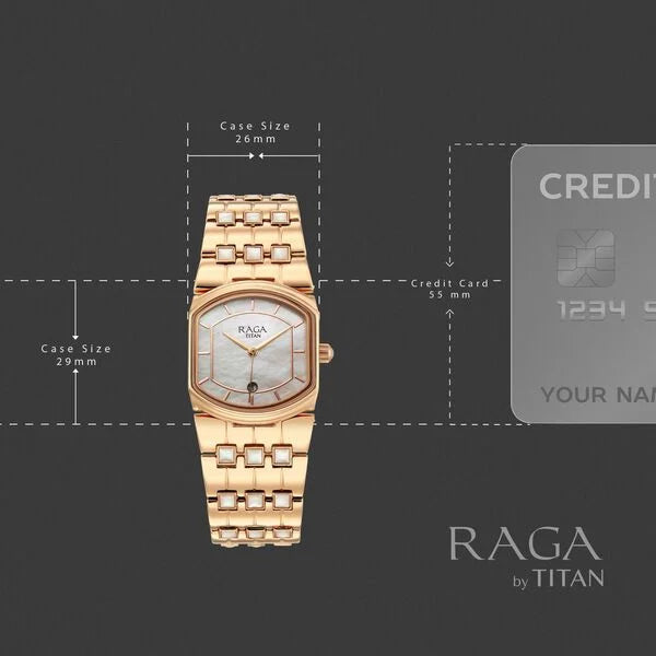 Titan Raga Mother Of Pearl Shaped Dial Rose Gold Metal Strap Analog with Date Watch for Women