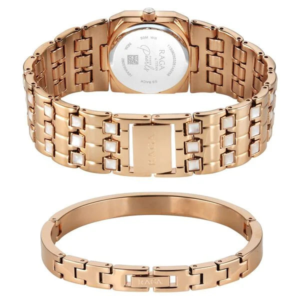 Titan Raga Mother Of Pearl Shaped Dial Rose Gold Metal Strap Analog with Date Watch for Women