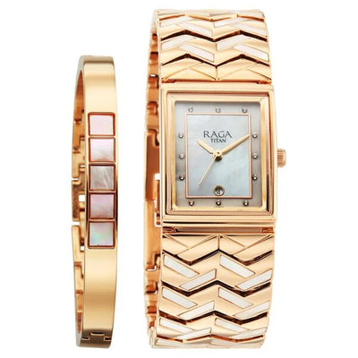 Titan Raga Mother Of Pearl Rectangle Dial Rose Gold Metal Strap Analog with Date Watch for Women