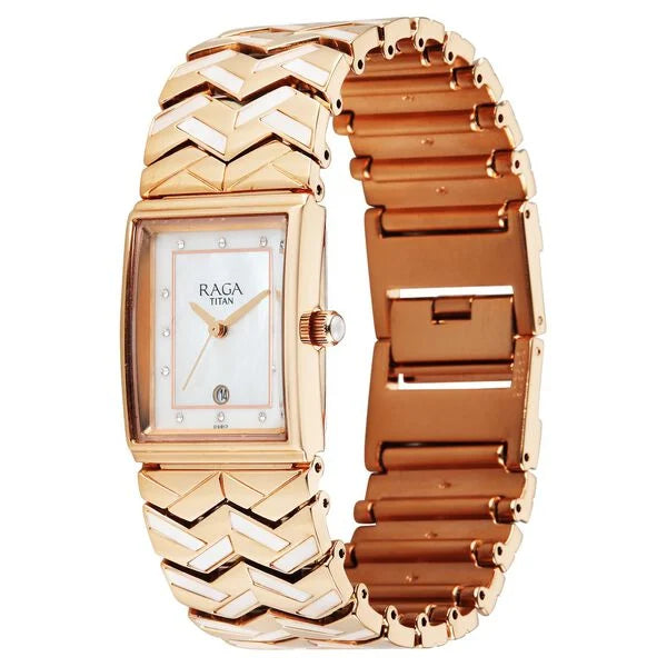 Titan Raga Mother Of Pearl Rectangle Dial Rose Gold Metal Strap Analog with Date Watch for Women