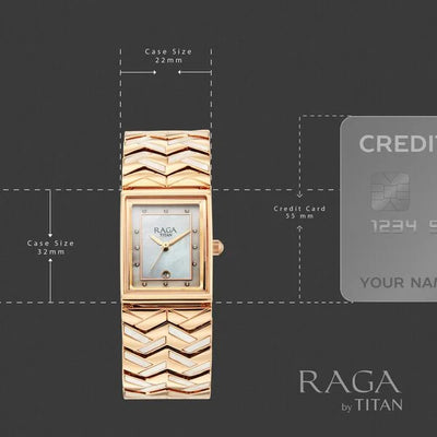 Titan Raga Mother Of Pearl Rectangle Dial Rose Gold Metal Strap Analog with Date Watch for Women