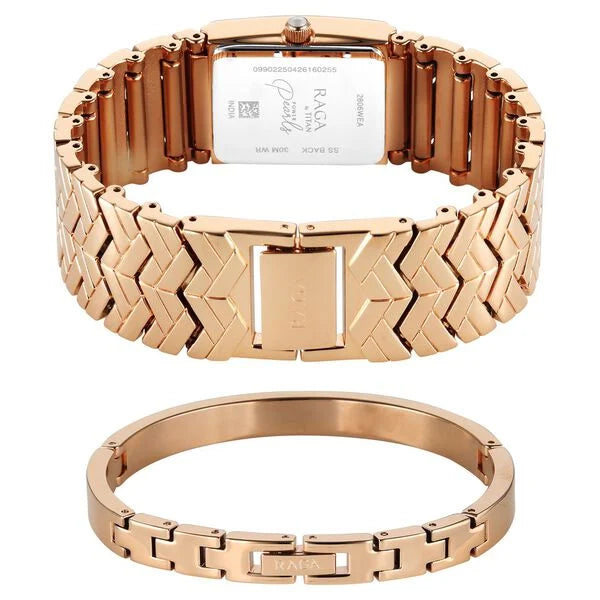 Titan Raga Mother Of Pearl Rectangle Dial Rose Gold Metal Strap Analog with Date Watch for Women