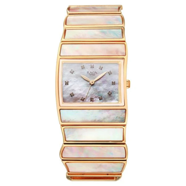 Titan Raga Mother Of Pearl Shaped Dial Rose Gold Metal Strap Analog Watch for Women