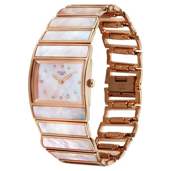 Titan Raga Mother Of Pearl Shaped Dial Rose Gold Metal Strap Analog Watch for Women