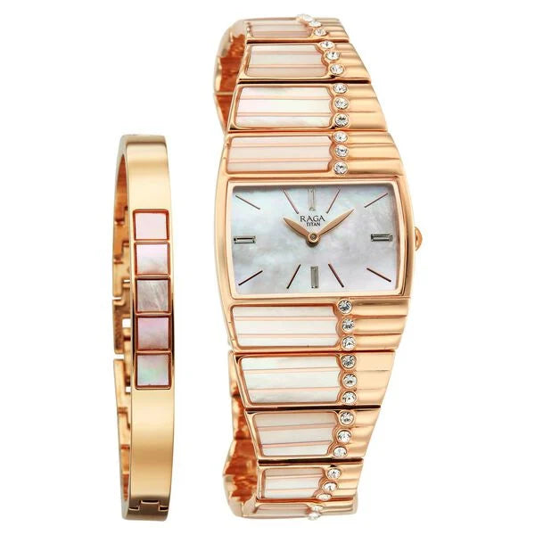 Titan Raga Mother Of Pearl Shaped Dial Rose Gold Metal Strap Analog Watch for Women
