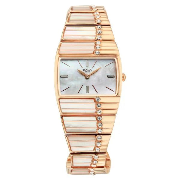 Titan Raga Mother Of Pearl Shaped Dial Rose Gold Metal Strap Analog Watch for Women