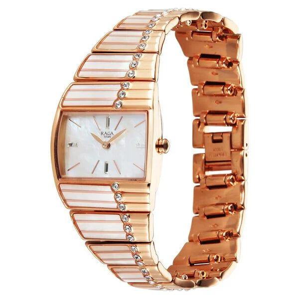 Titan Raga Mother Of Pearl Shaped Dial Rose Gold Metal Strap Analog Watch for Women