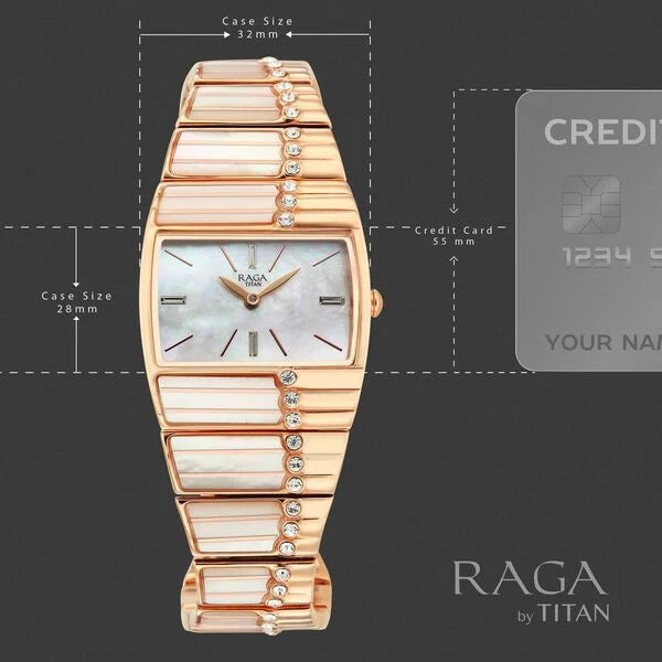 Titan Raga Mother Of Pearl Shaped Dial Rose Gold Metal Strap Analog Watch for Women