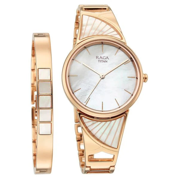 Titan Raga Mother of Pearl Dial Rose Gold Metal Strap Analog Watch for Women