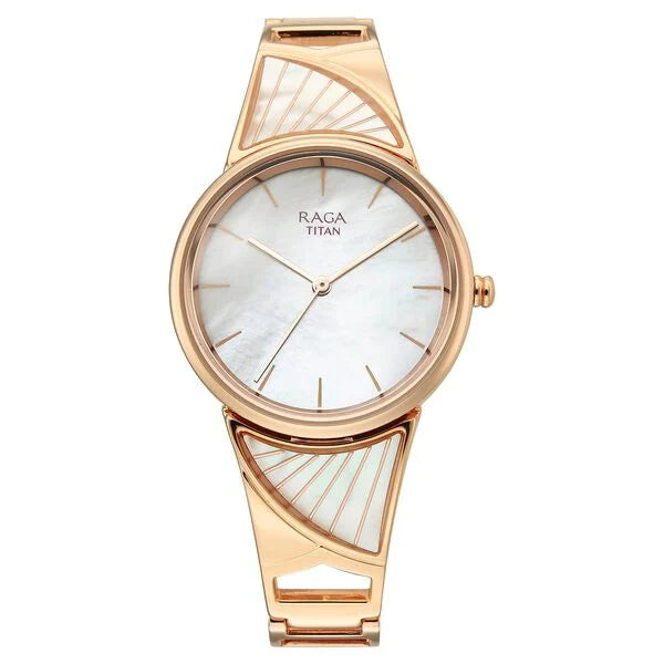 Titan Raga Mother of Pearl Dial Rose Gold Metal Strap Analog Watch for Women