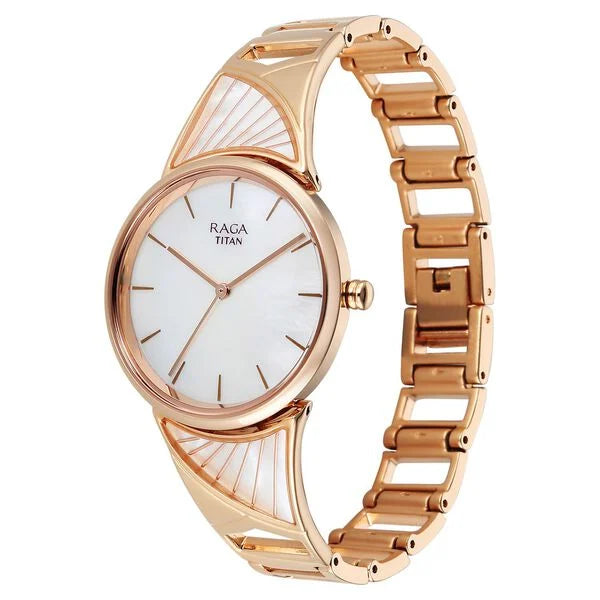 Titan Raga Mother of Pearl Dial Rose Gold Metal Strap Analog Watch for Women