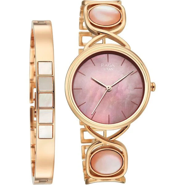 Titan Raga Mother of Pearl Dial Rose Gold Metal Strap Analog Watch for Women